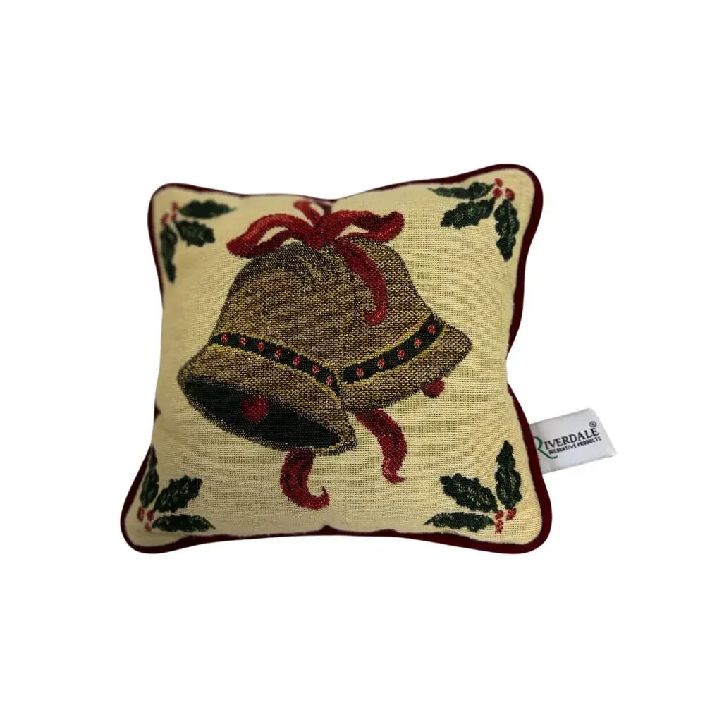 Vintage Riverdale Christmas Tapestry Accent Pillow Golden Holiday Bells & Holly